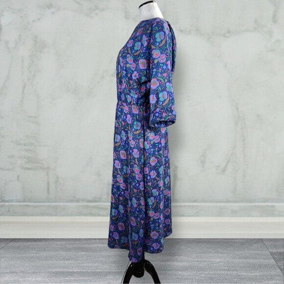 Vintage Floral Print Midi Secretary Dress Size 14 Purple Shirtwaist - Picture 5 of 16